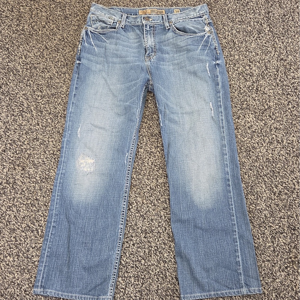 BKE Buckle Seth Jeans Mens 34x32 Blue Distressed Relaxed Straight Leg Denim